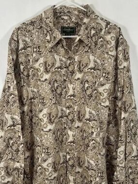 Eddie Bauer Button Up Shirt Mens XL Brown Paisley Linen Cotton Blend